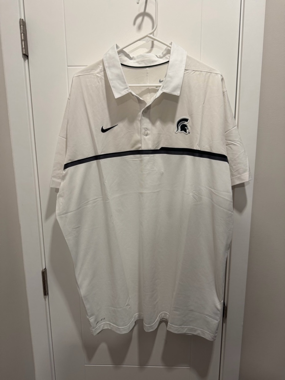 Nike White Men's Polo with Black Stripe and Spartan Logo